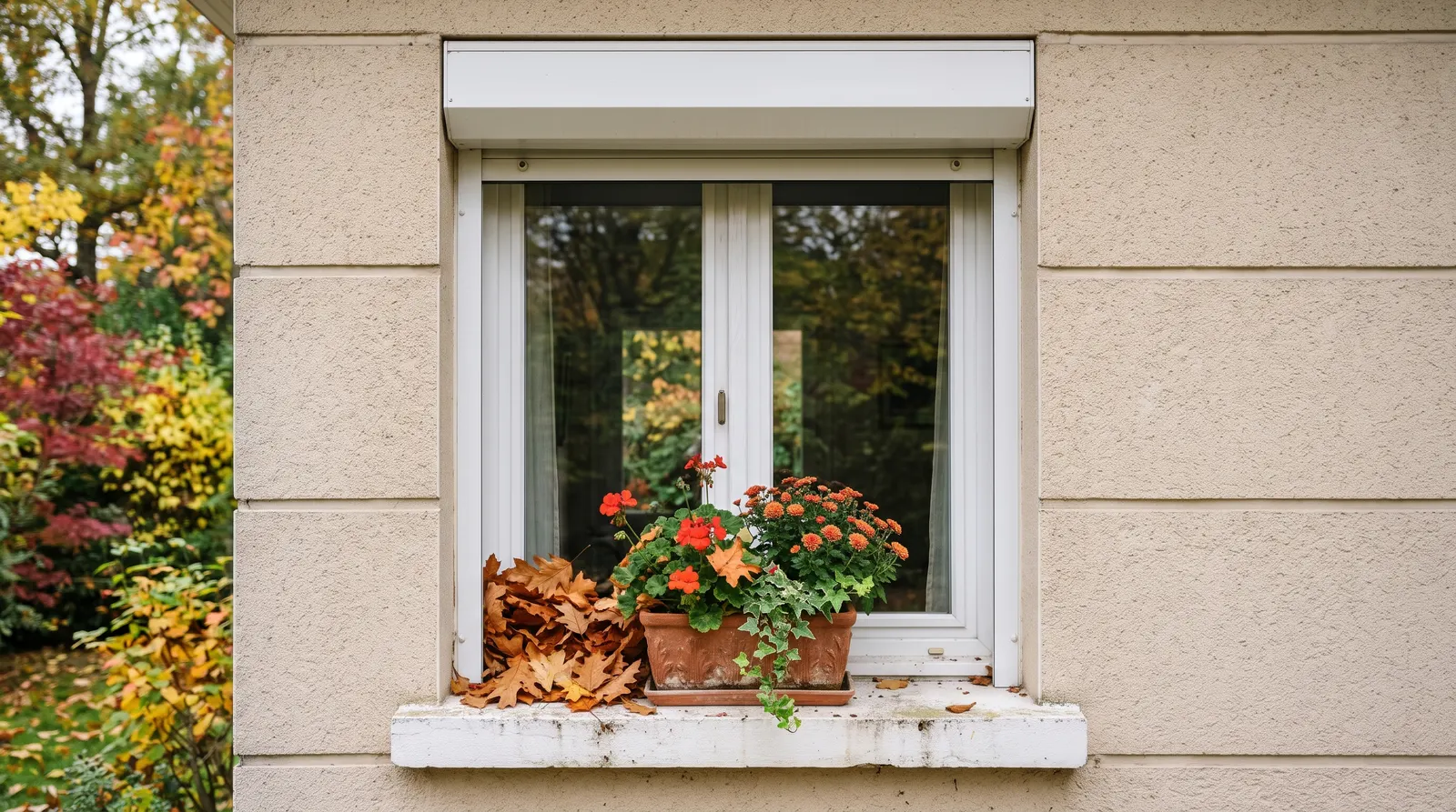 Fenêtre en automne, feuilles mortes et jardinière sur l'appui, sous le coffre du volet
