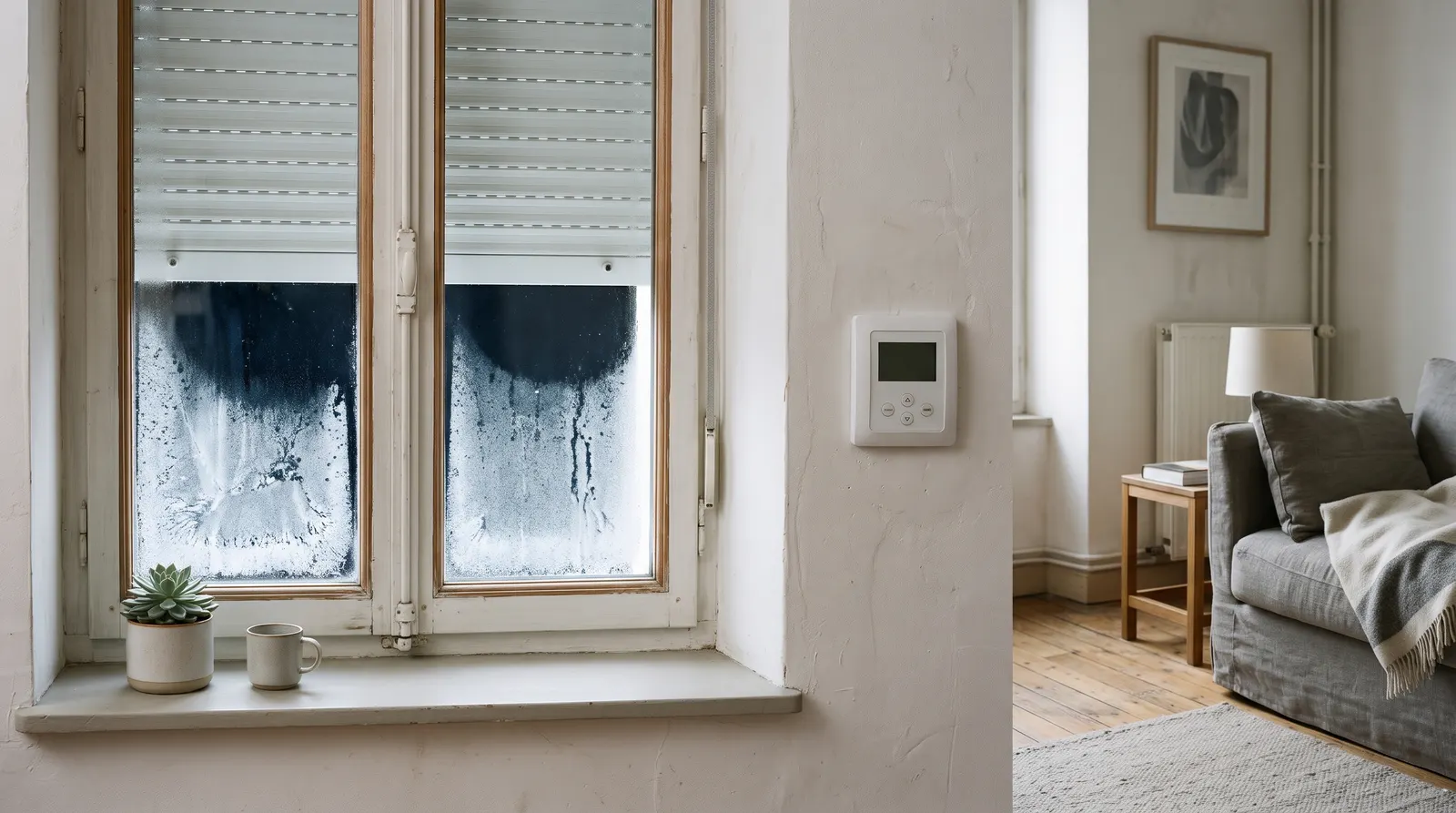 Fenêtre givrée un matin d'hiver et programmateur de volets fixé au mur