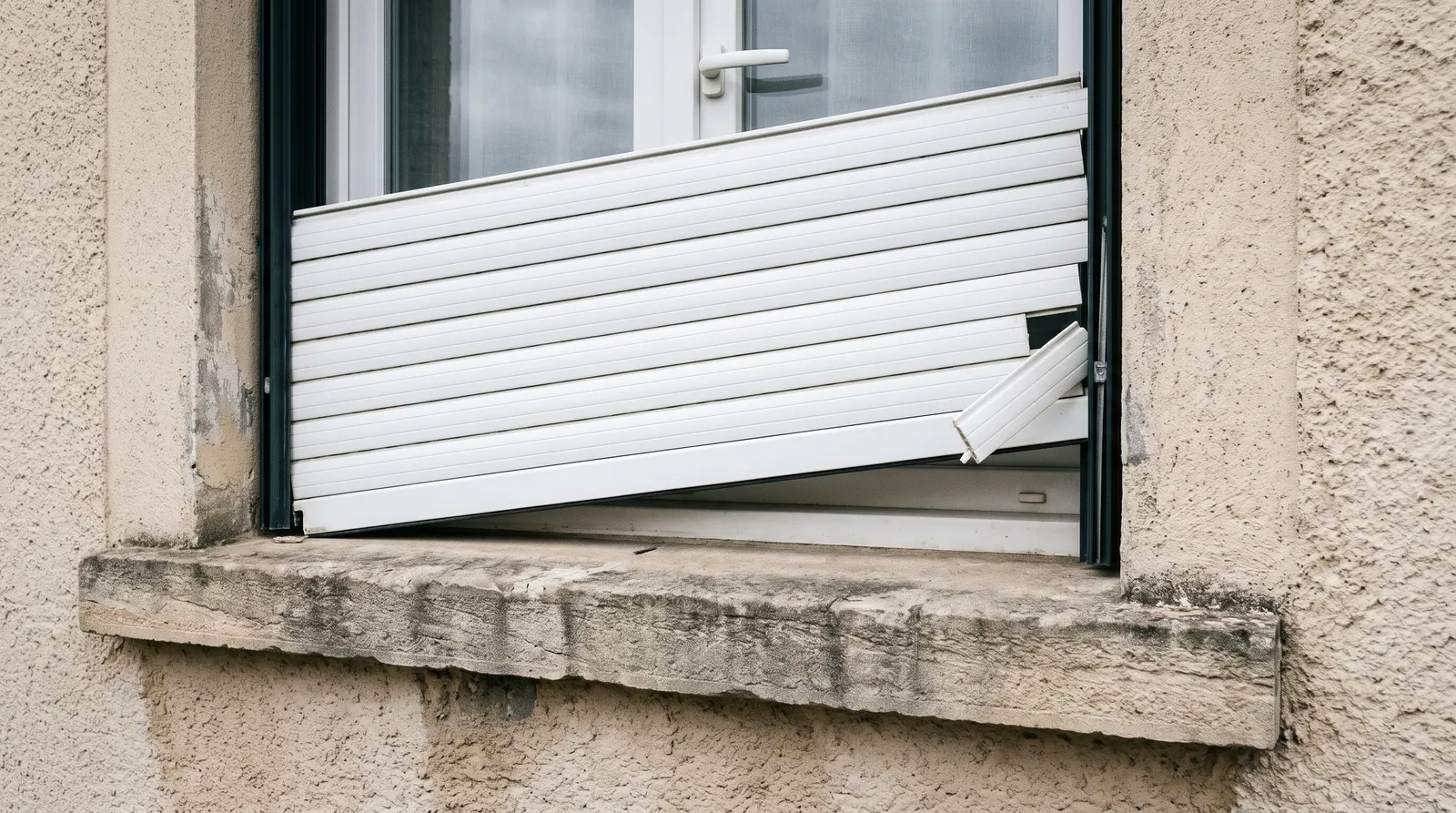Volet roulant arrêté de travers, une lame sortie de sa coulisse, au-dessus de l'appui de fenêtre