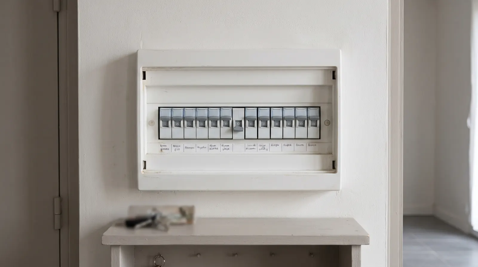 Tableau électrique ouvert, un disjoncteur abaissé au milieu de la rangée