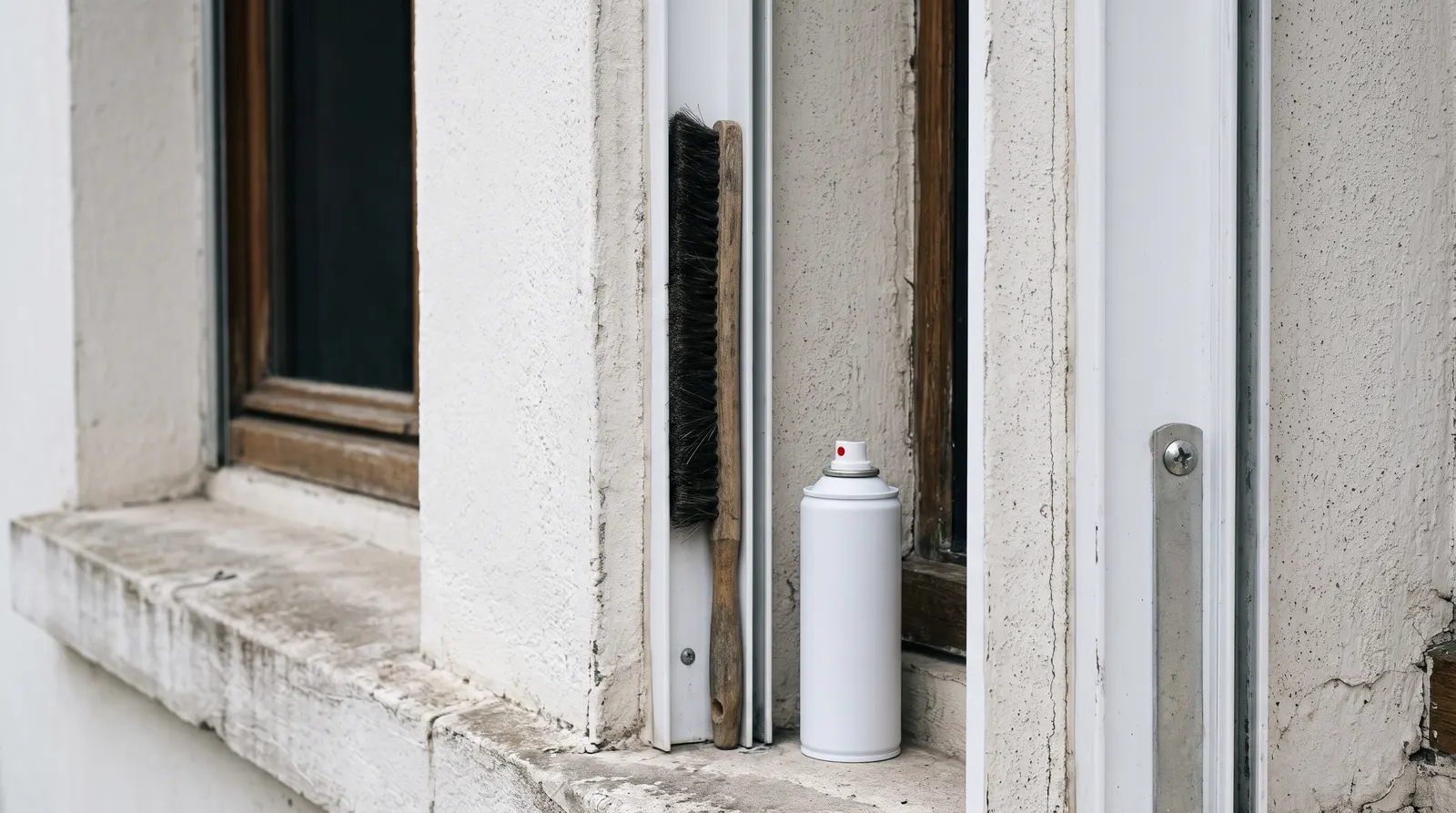 Brosse fine glissée dans la coulisse d'un volet roulant, vis de rail et bombe de spray silicone