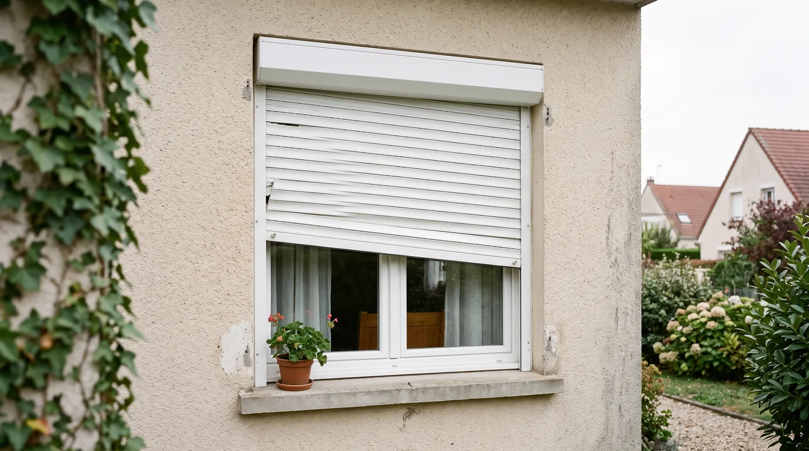 Volet roulant électrique blanc arrêté de biais dans ses coulisses, sur une fenêtre de pavillon