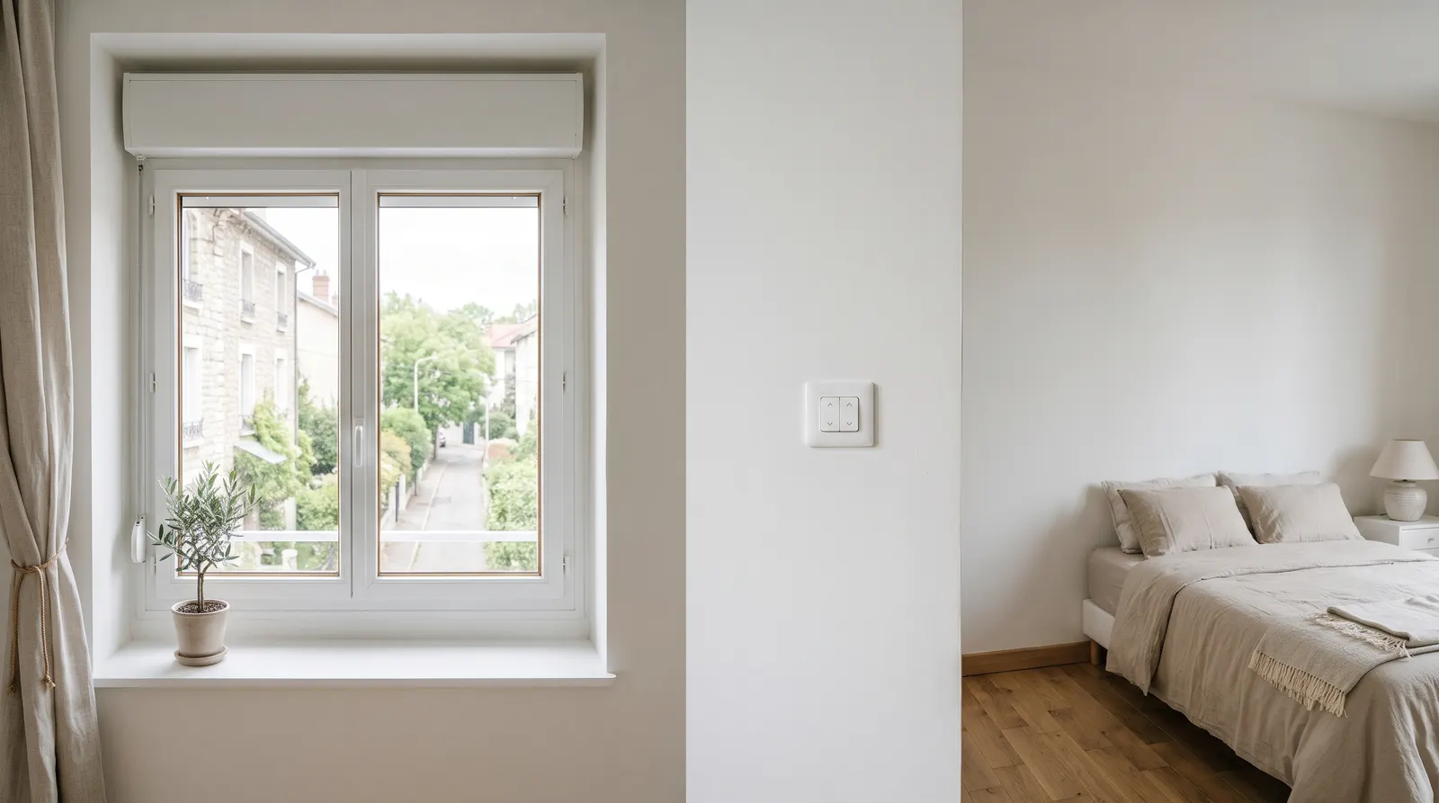 Fenêtre de chambre au volet remonté sous son coffre intérieur, interrupteur de volet au mur