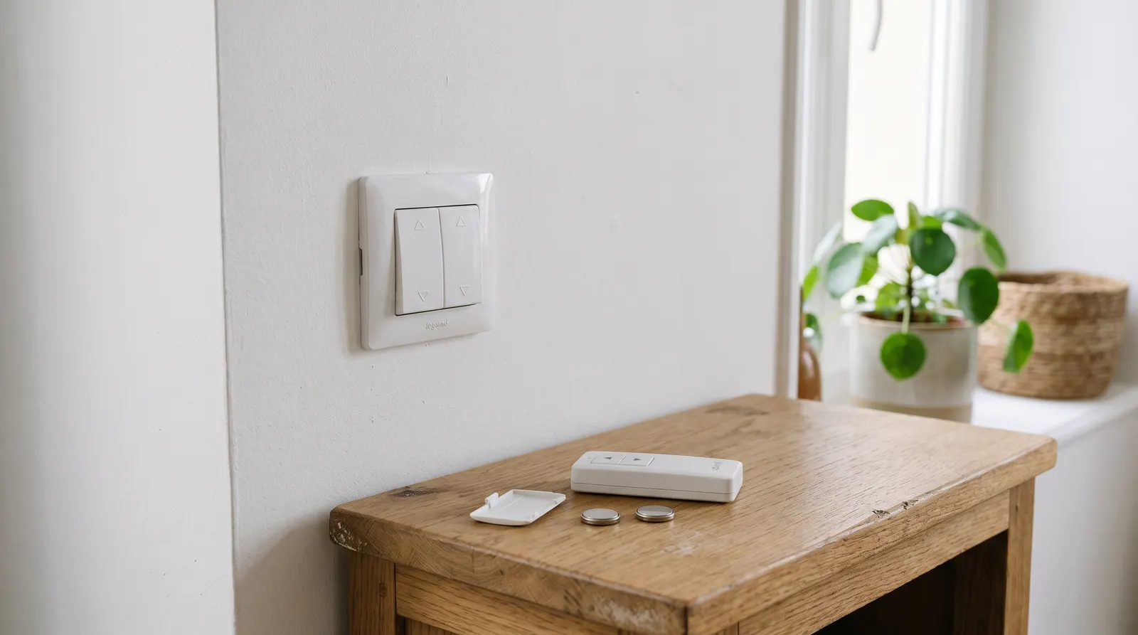 Interrupteur mural de volet roulant et télécommande posée sur une console avec ses piles