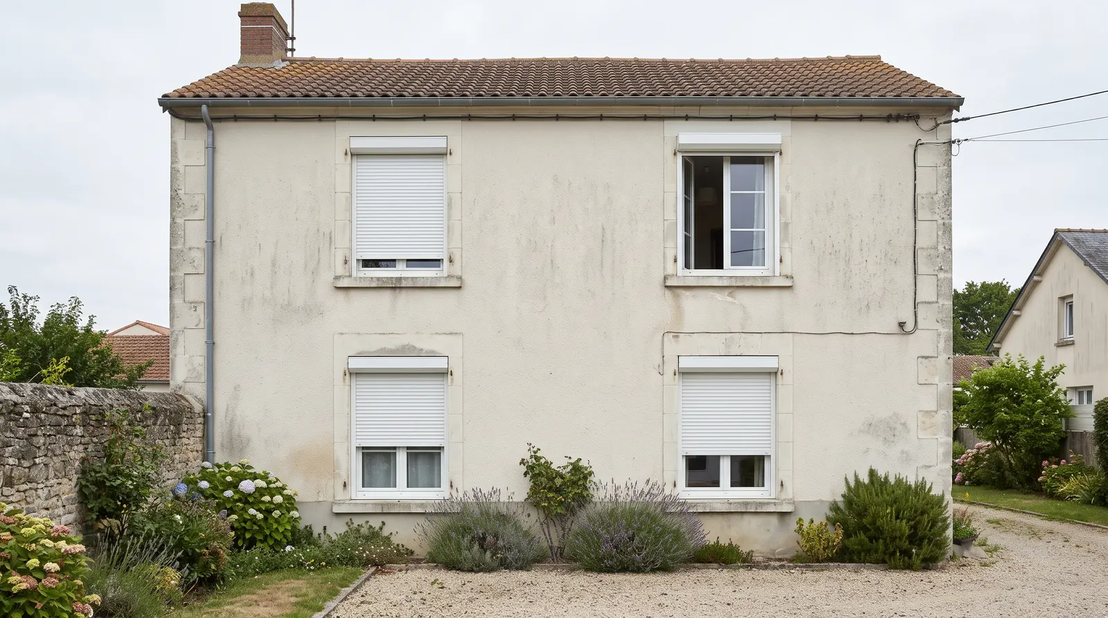 Façade de maison, trois volets roulants descendus et un seul resté en haut