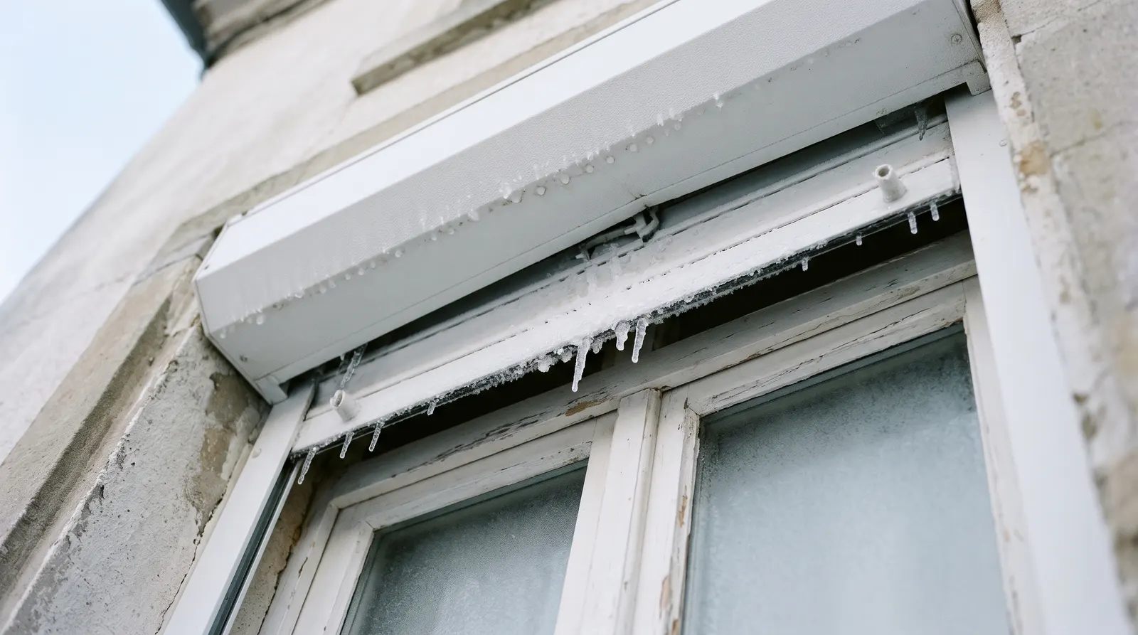 Lame finale de volet roulant couverte de givre et de glaçons sous le coffre