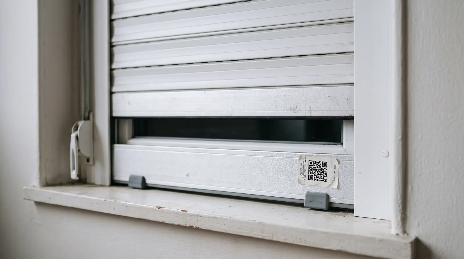 Lame finale d'un volet roulant blanc vue de l'intérieur, avec une petite étiquette à QR code en bas à droite