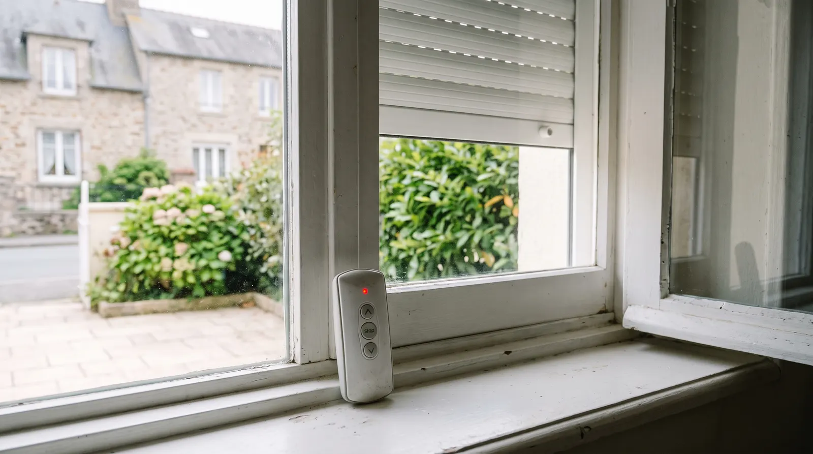 Télécommande de volet roulant au voyant rouge allumé, posée devant une fenêtre au volet arrêté à mi-hauteur