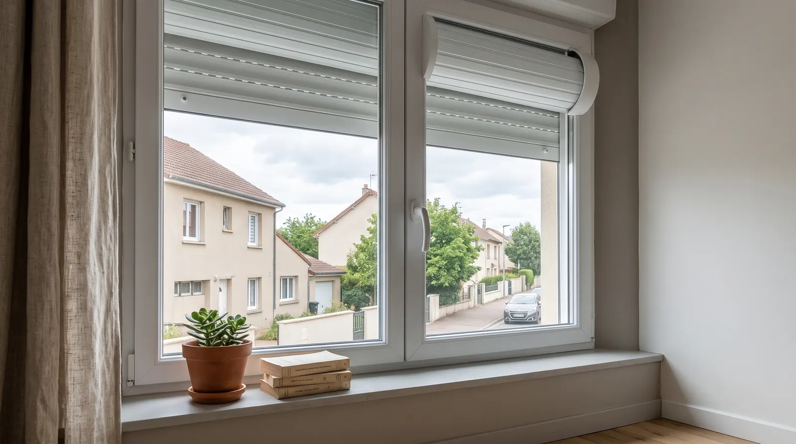 Volet roulant arrêté en haut d'une fenêtre, vu depuis l'intérieur
