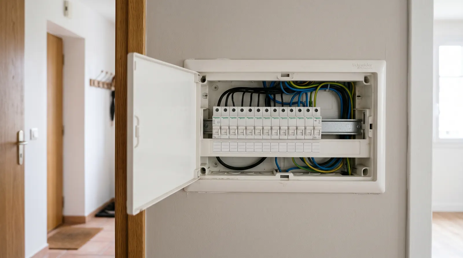 Tableau électrique ouvert, rangée de disjoncteurs relevés