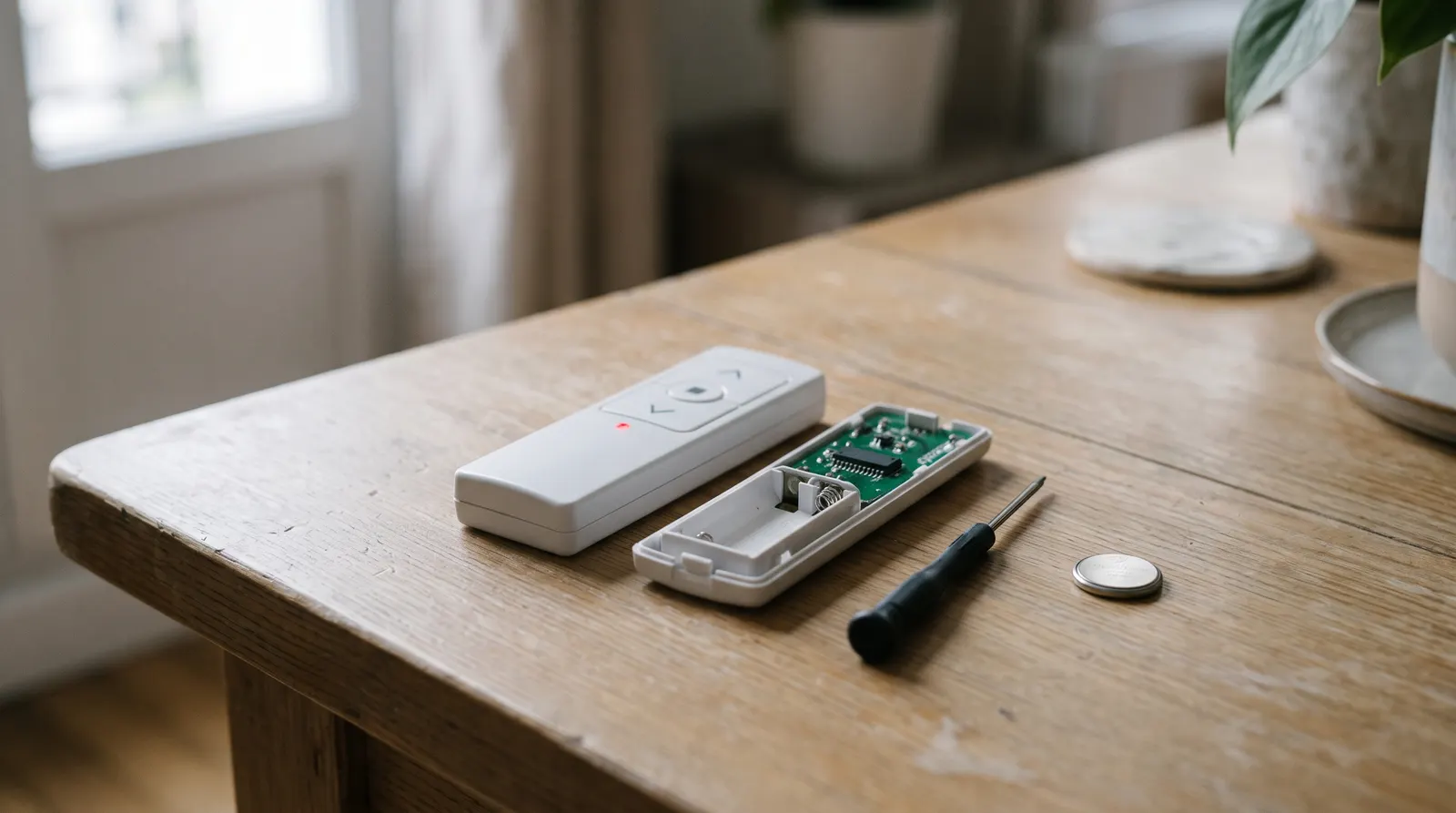 Télécommande de volet roulant ouverte, pile bouton sortie et petit tournevis