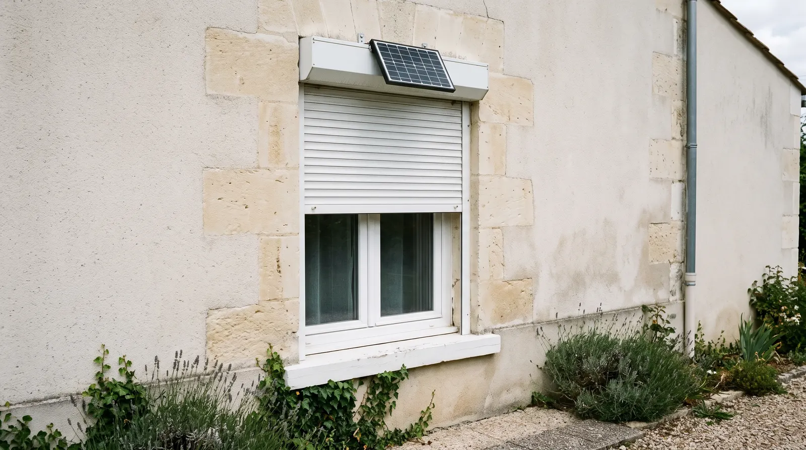 Panneau solaire fixé sur le coffre d'un volet roulant, en pleine lumière