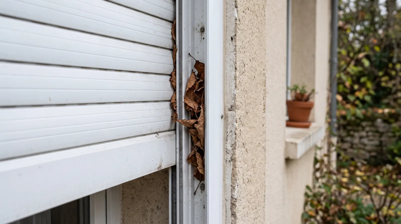 Feuilles mortes coincées dans la coulisse d'un volet roulant