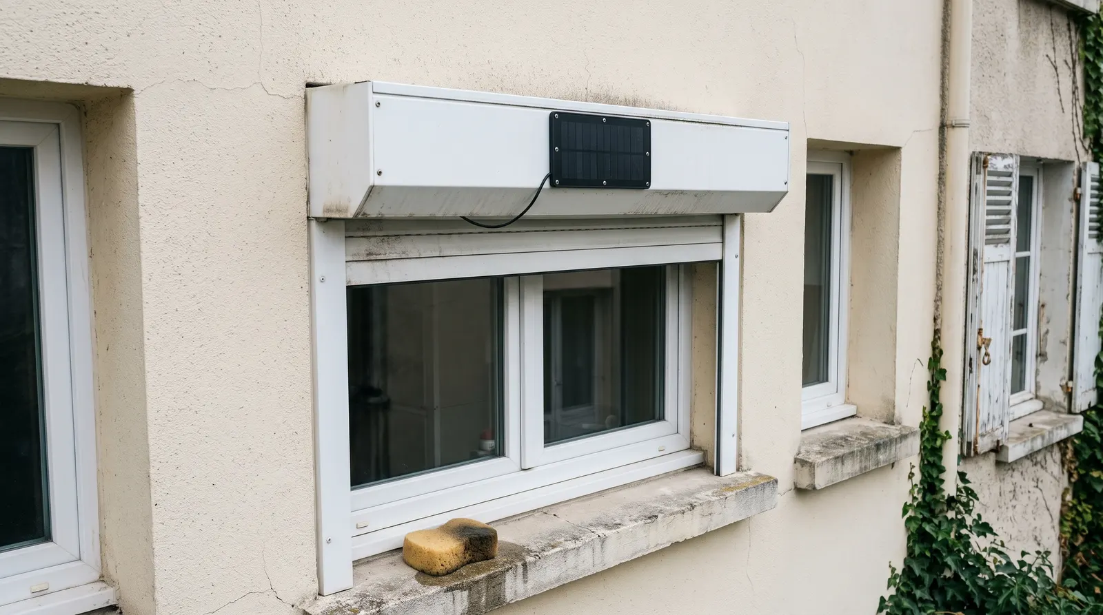 Panneau solaire sur le coffre d'un volet roulant, éponge humide sur l'appui de fenêtre