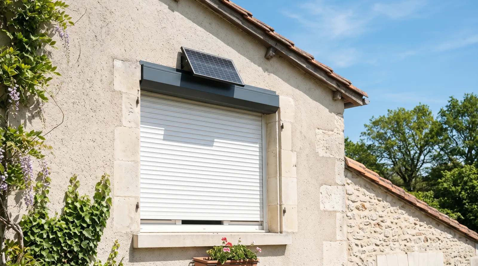 Volet roulant solaire fermé au repos, panneau en plein soleil sur le coffre
