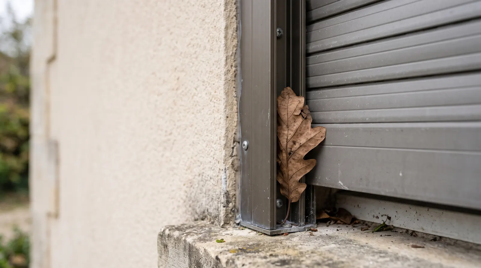 Feuille morte coincée dans la coulisse d'un volet roulant