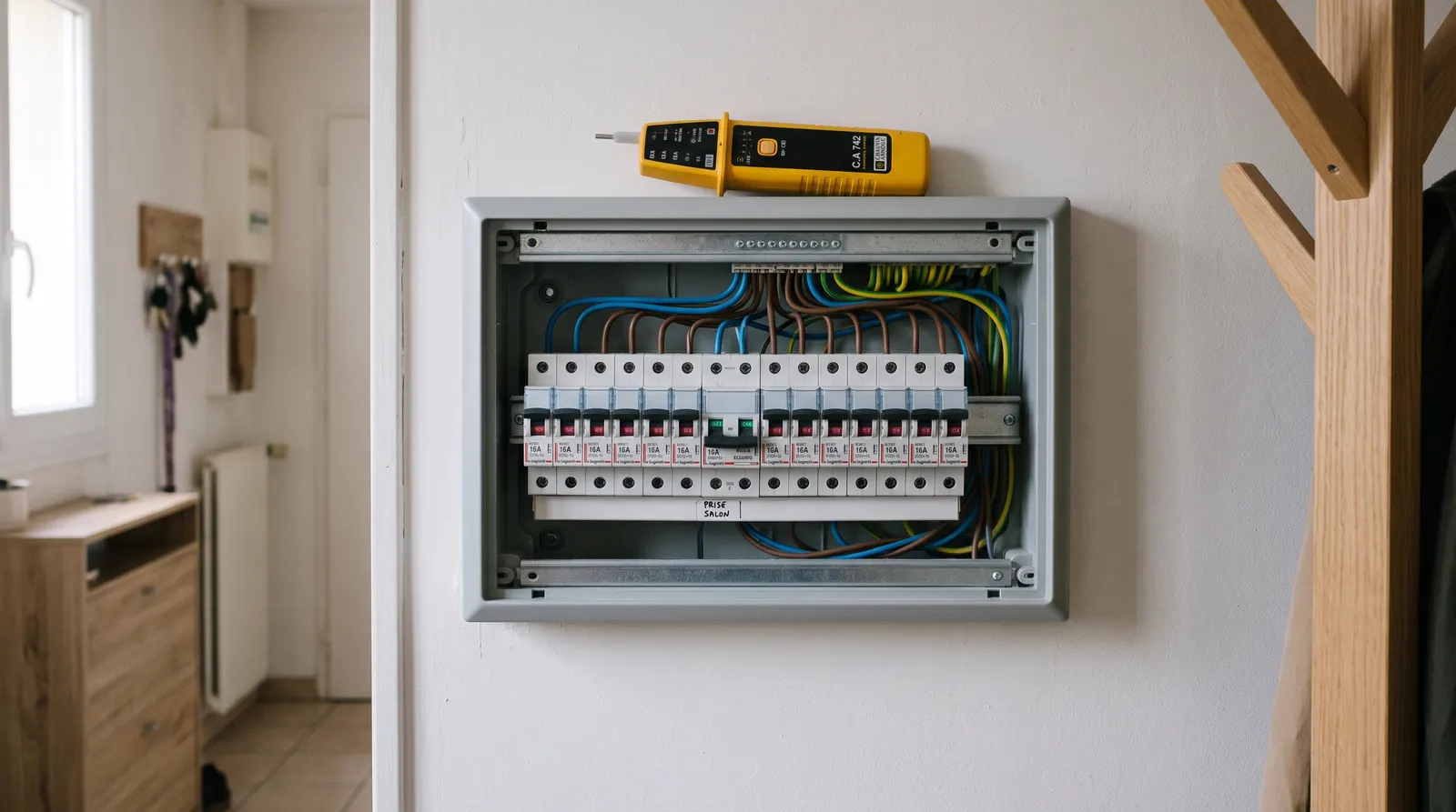 Tableau électrique ouvert, disjoncteur abaissé et testeur de tension