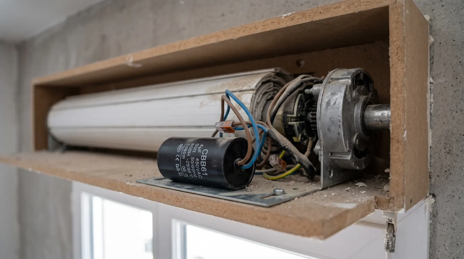 Condensateur noir de moteur de volet roulant posé dans un coffre ouvert, près de la tête du moteur
