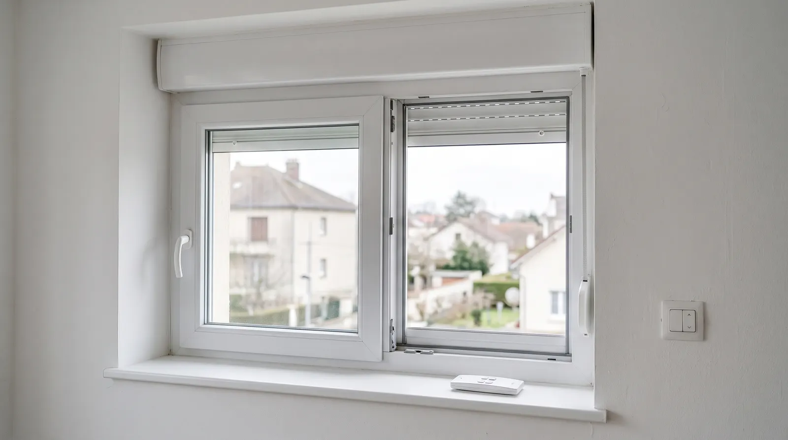 Fenêtre avec volet roulant ouvert, interrupteur de volet au mur et télécommande sur l'appui