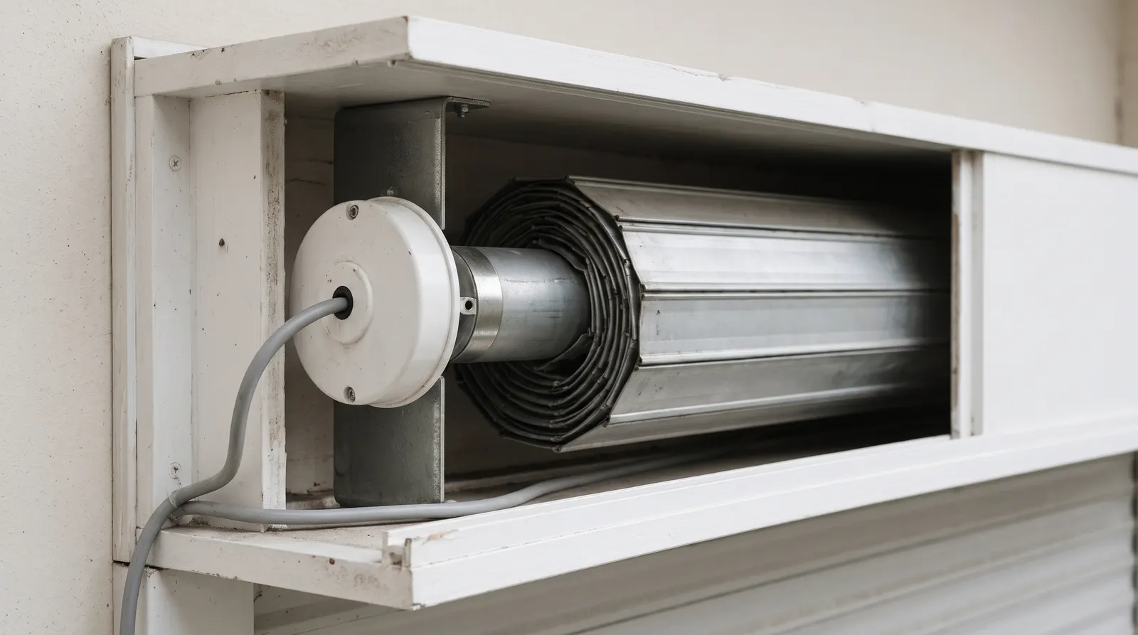 Coffre de volet roulant ouvert, moteur tubulaire et son câble d'alimentation