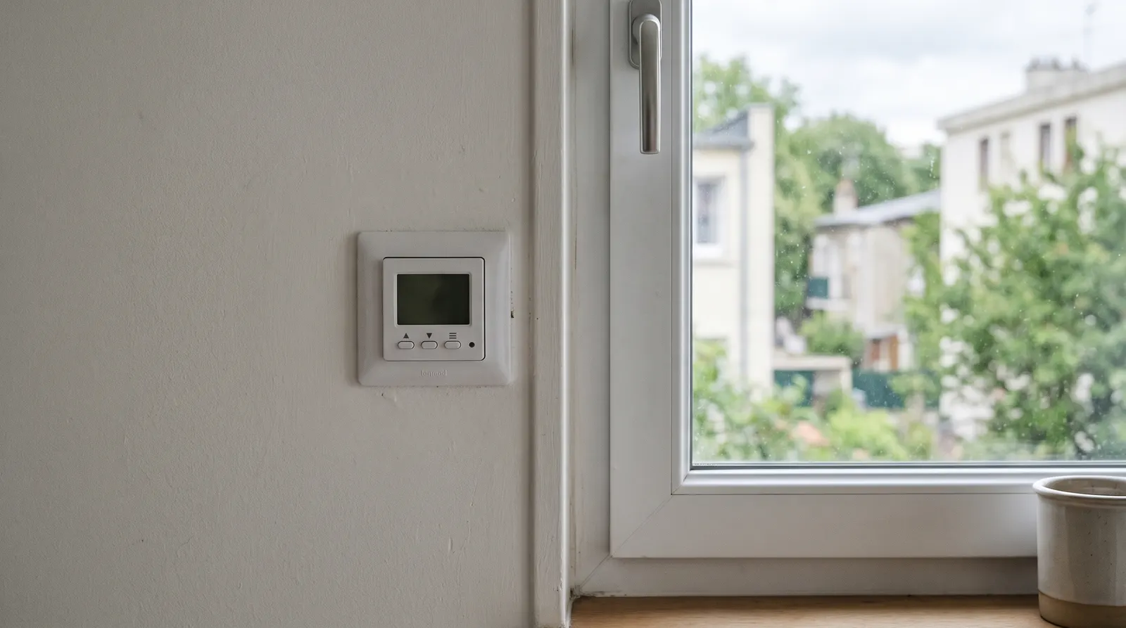 Horloge programmable de volet roulant fixée au mur près d'une fenêtre