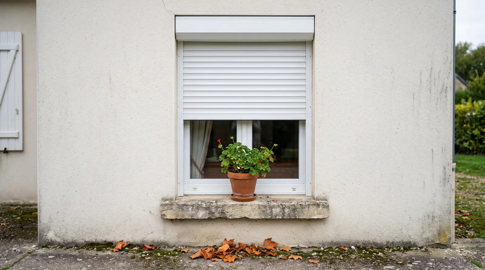 Volet roulant à mi-hauteur, pot de fleurs posé sur l'appui de fenêtre sous le tablier
