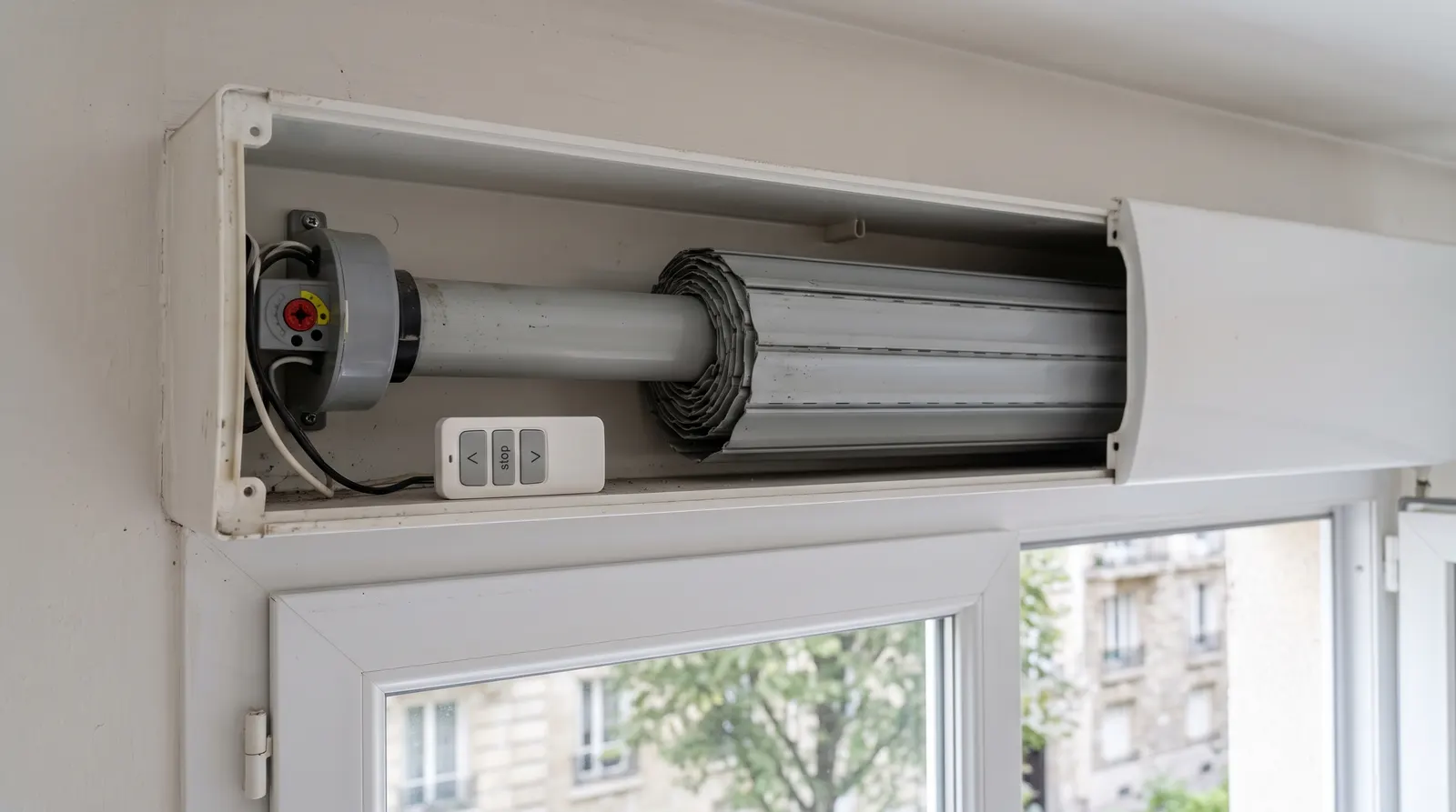 Coffre de volet roulant ouvert, tête du moteur et télécommande posée sur le rebord