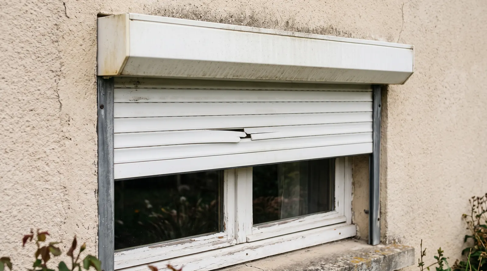 Coffre extérieur en PVC jauni et tablier à demi descendu avec une lame fendue