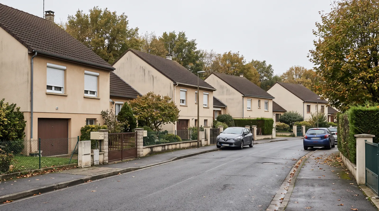 Rue pavillonnaire de l'Essonne avec maisons des années 70 aux volets roulants blancs