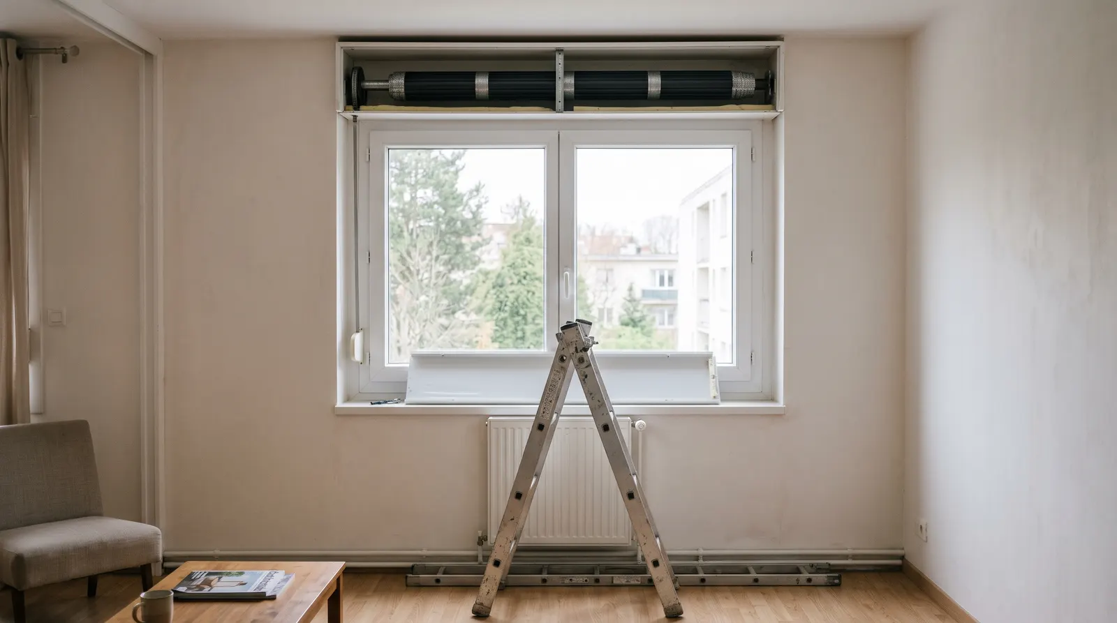 Escabeau ouvert au pied d'une fenêtre dont le coffre de volet roulant est ouvert