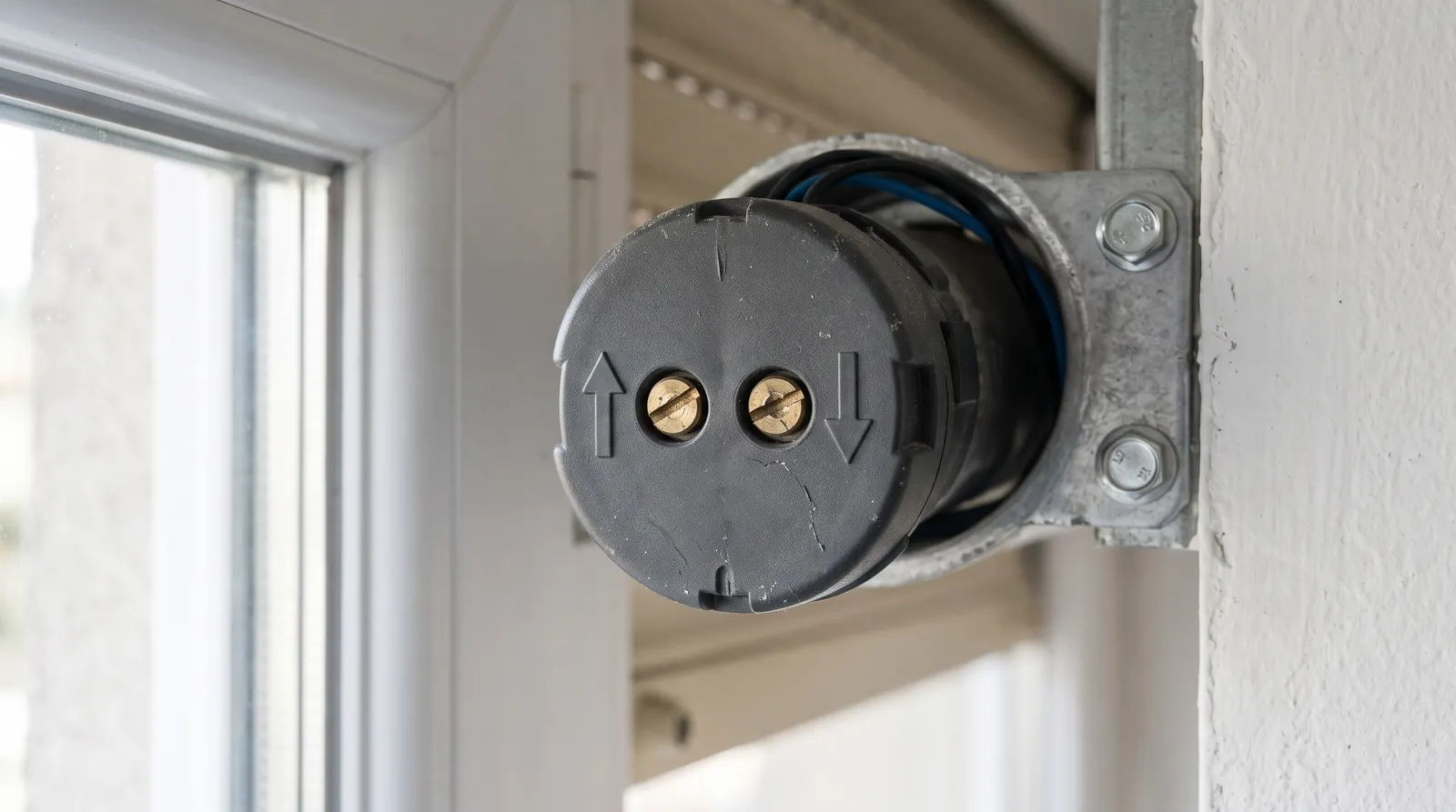Tête de moteur tubulaire : deux vis de réglage avec une flèche à côté de chacune