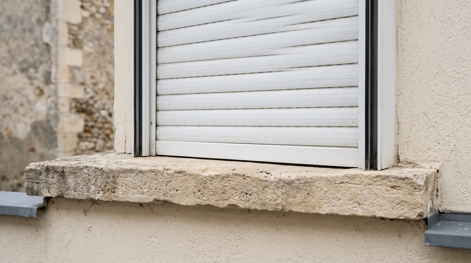Dernière lame d'un volet roulant posée sur l'appui de fenêtre