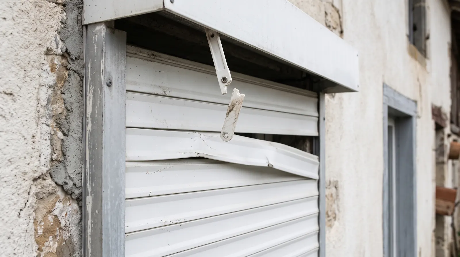 Tablier de volet roulant avec une lame déformée et une attache cassée