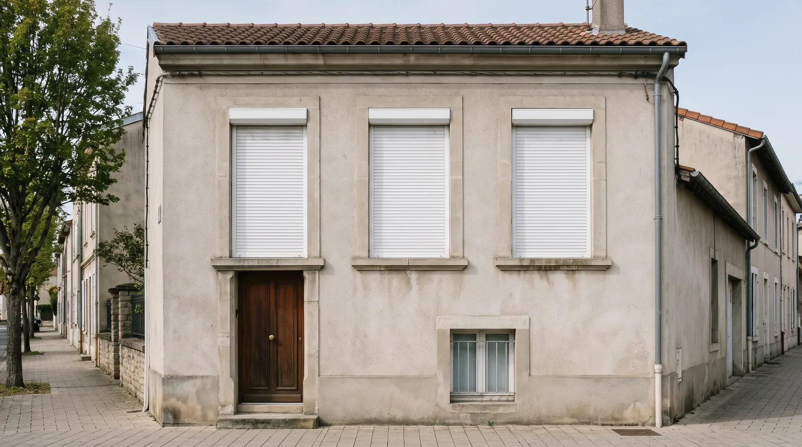 Façade de maison avec trois volets roulants fermés à l'étage