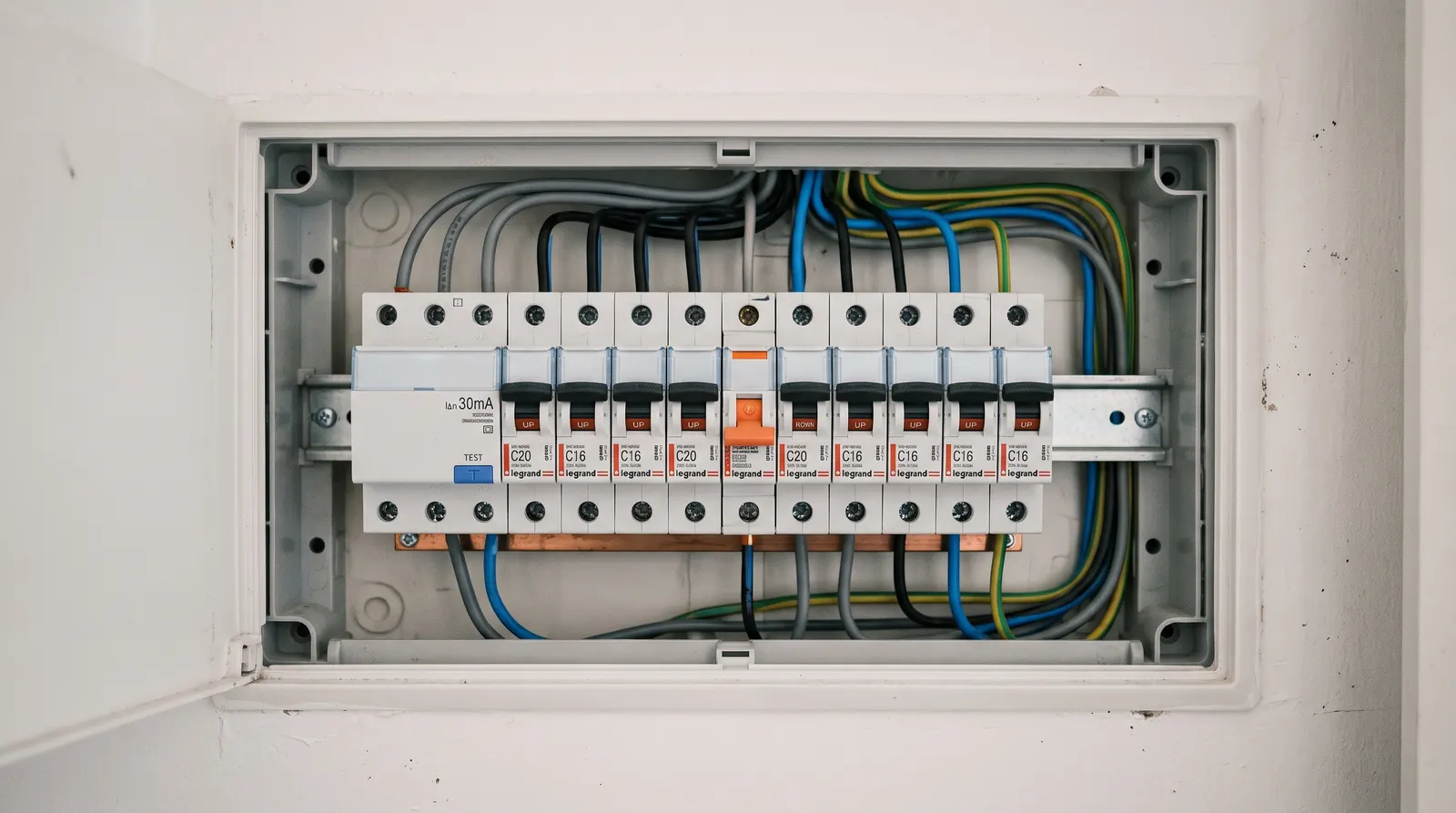 Tableau électrique ouvert, rangée de disjoncteurs et interrupteur différentiel