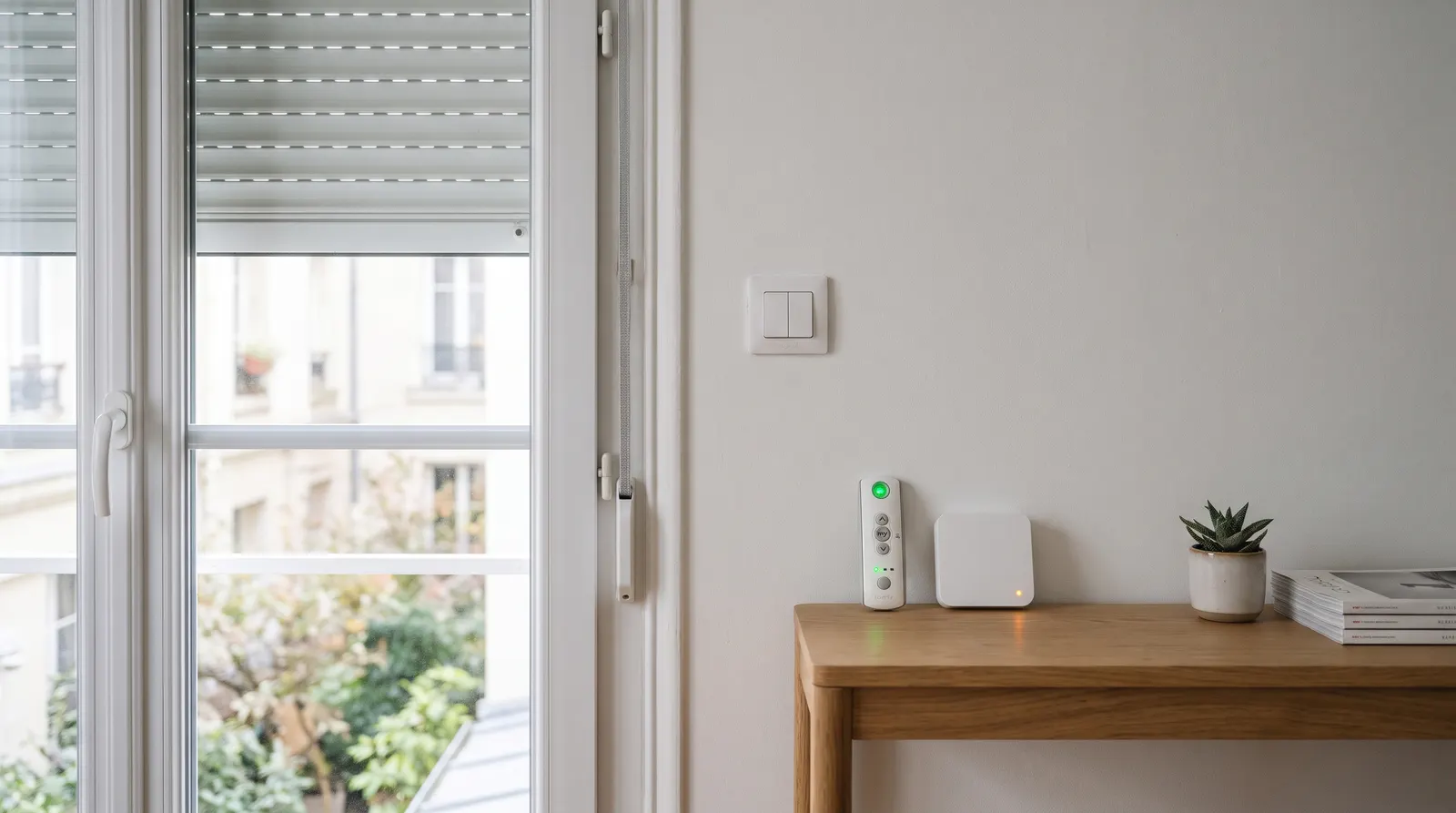Interrupteur de volet au mur, télécommande et box domotique posées sur une console