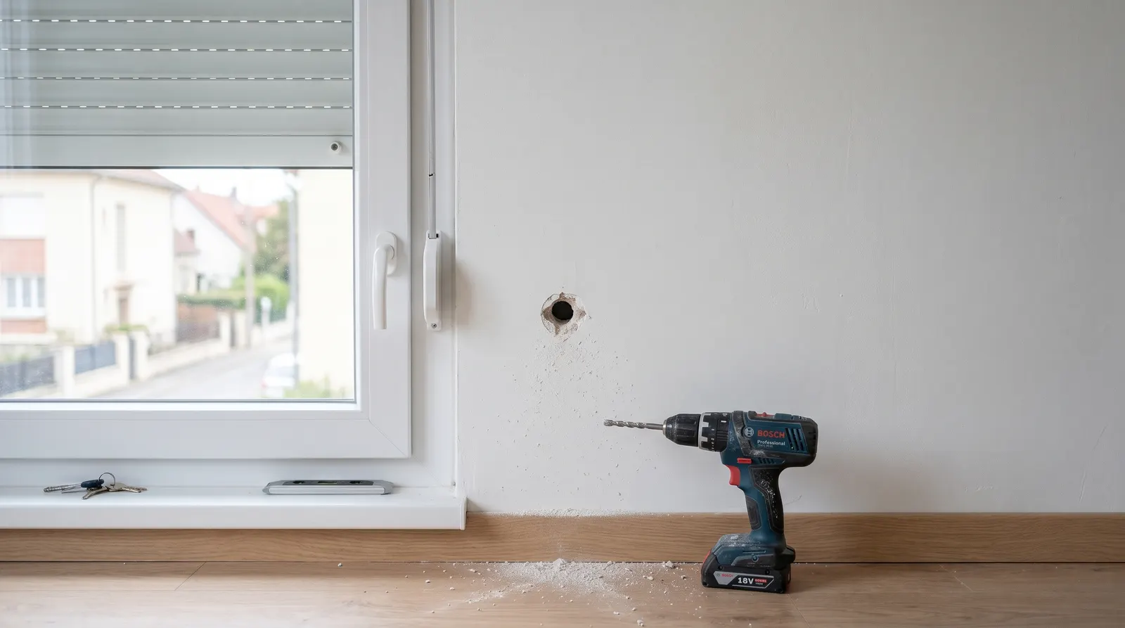 Trou de perçage récent dans le mur à côté d'une fenêtre, perceuse au sol