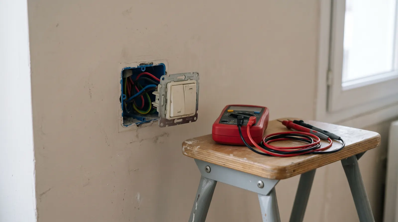 Inverseur de volet sorti de sa boîte au mur, multimètre posé sur un tabouret