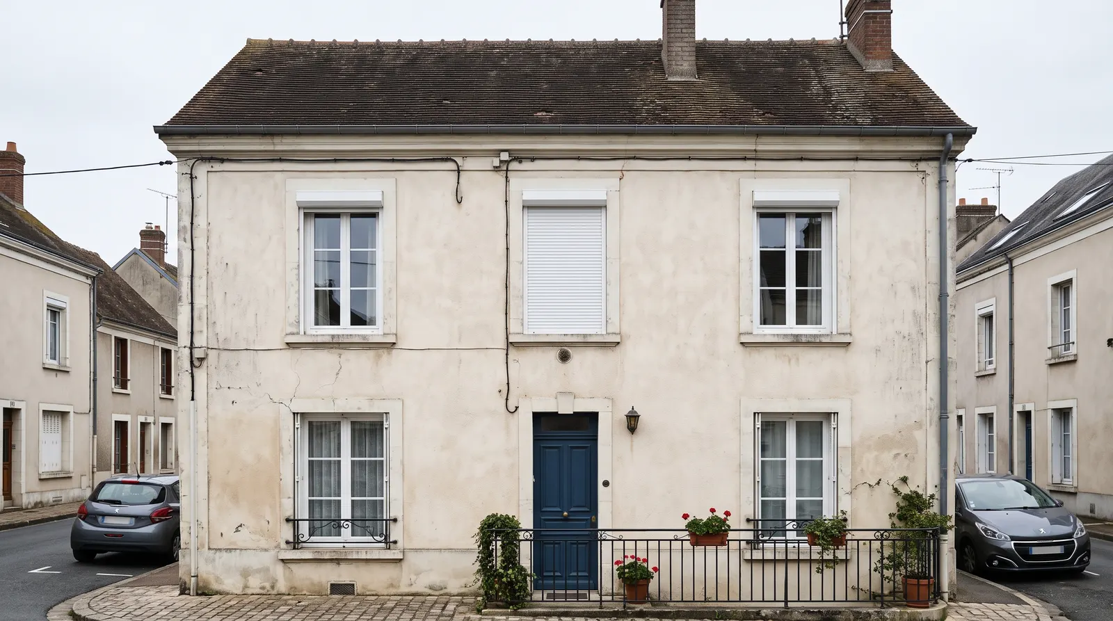 Façade de maison de ville avec trois volets roulants électriques, dont un resté fermé