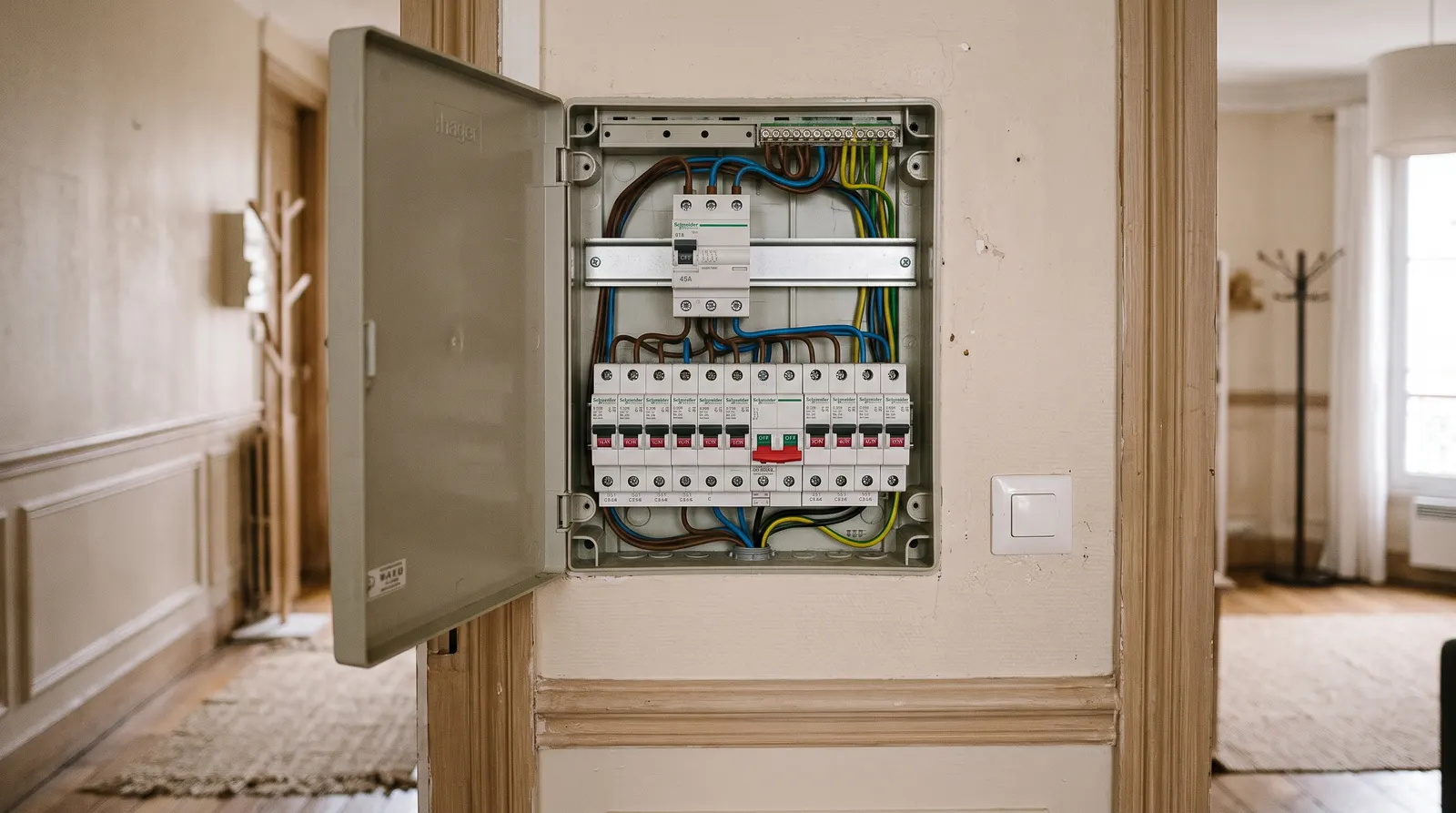 Tableau électrique domestique avec un disjoncteur abaissé