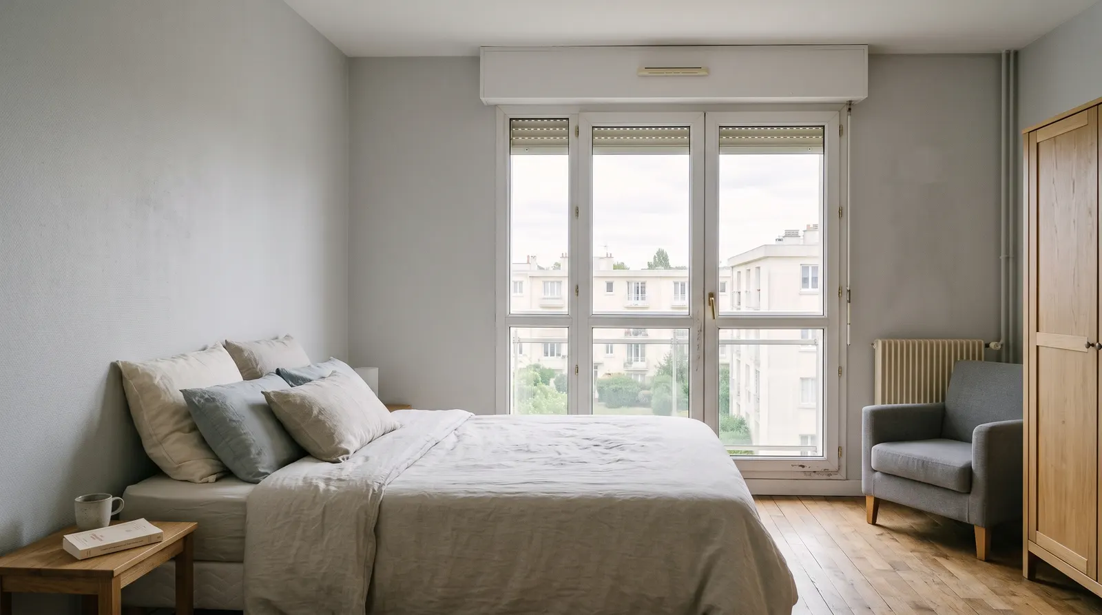 Fenêtre de chambre avec un volet roulant électrique entièrement remonté sous son coffre intérieur