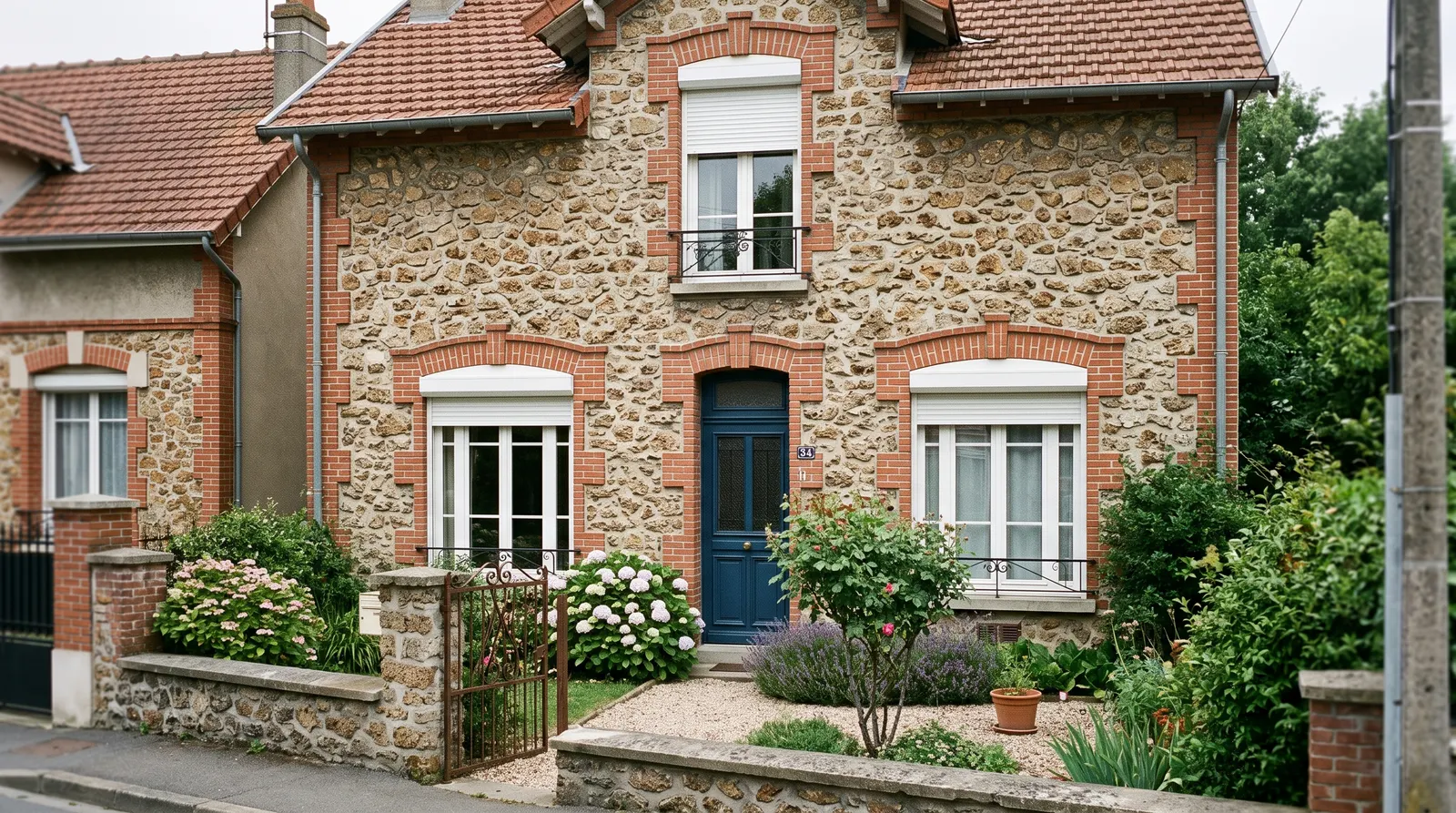 Pavillon en meulière avec encadrements en brique et volets roulants blancs à coffre apparent