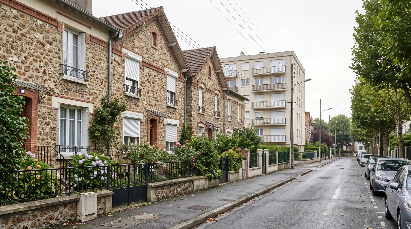 Rue des Hauts-de-Seine bordée de pavillons et de petits immeubles aux volets roulants blancs