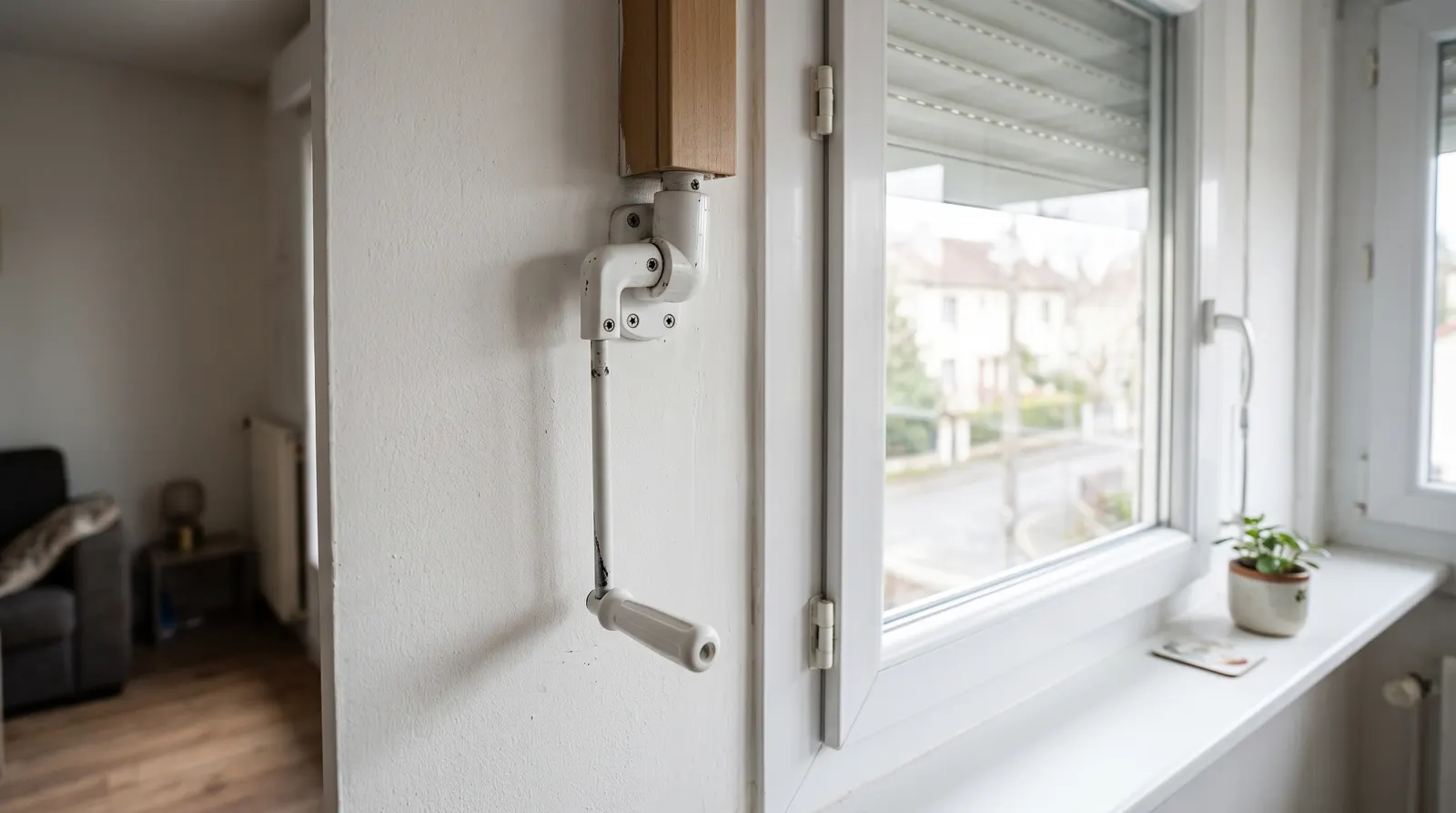 Manivelle de volet roulant accrochée sous un coffre intérieur, genouillère visible à la sortie du coffre
