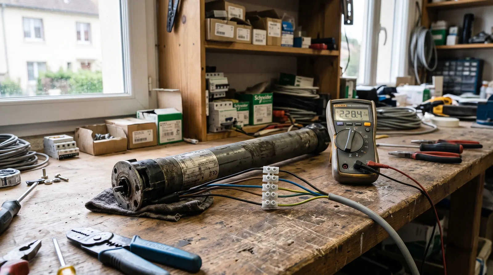 Ancien moteur tubulaire relié à un câble d'essai sur un établi, multimètre à côté