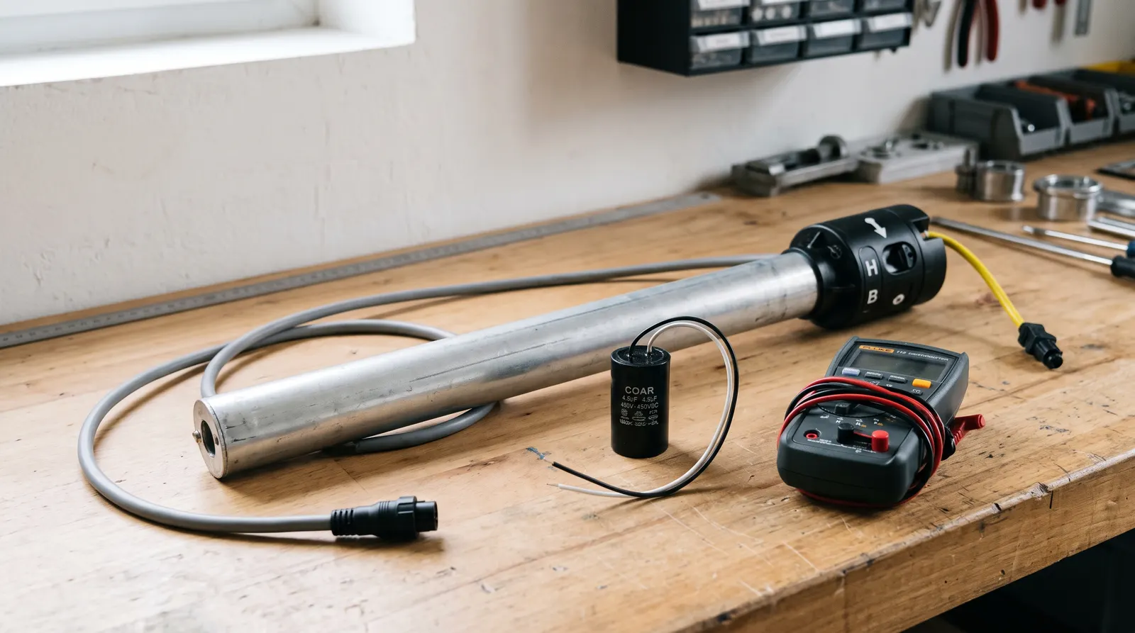Moteur tubulaire, condensateur et multimètre sur un établi