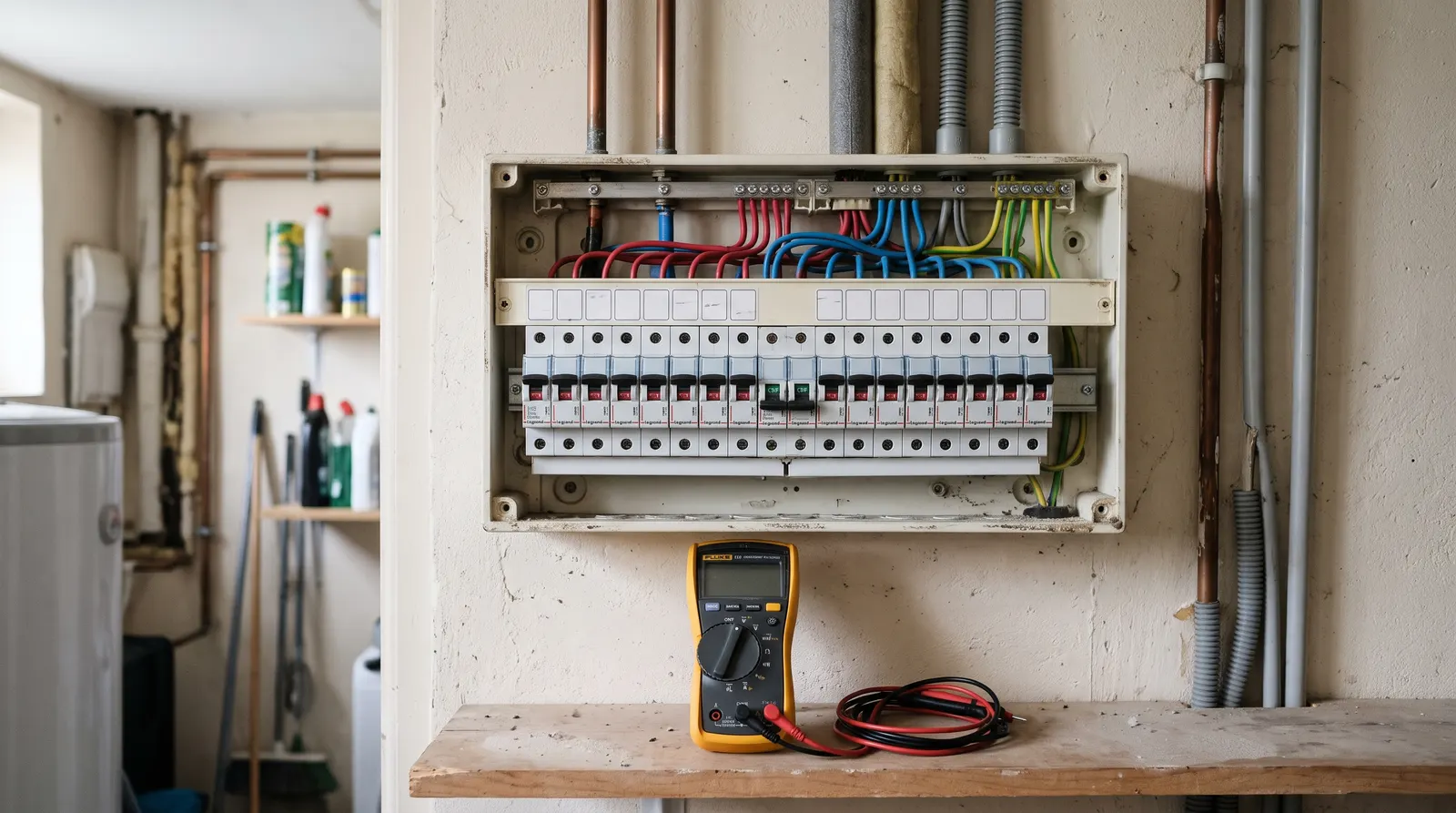 Tableau électrique ouvert, un disjoncteur abaissé, multimètre posé dessous