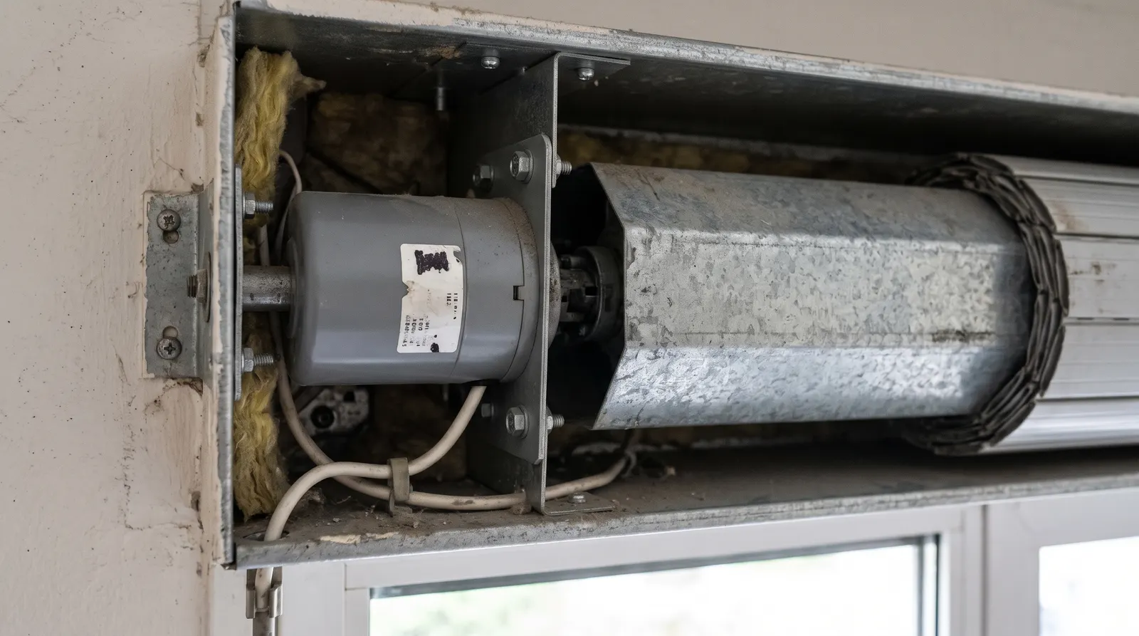 Coffre ouvert : tête de moteur tubulaire étiquetée et tube d'enroulement octogonal
