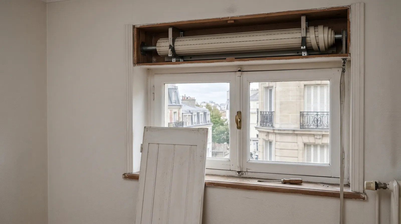 Coffre de volet roulant ouvert au-dessus d'une fenêtre, face avant posée contre le mur