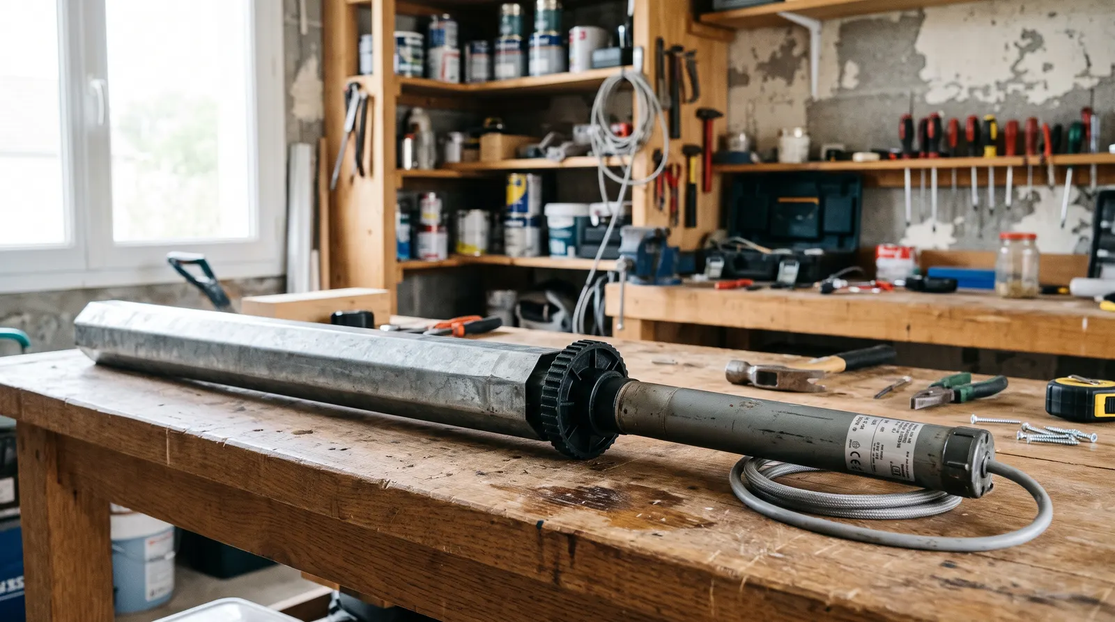 Ancien moteur tubulaire à moitié sorti de son tube d'enroulement sur un établi
